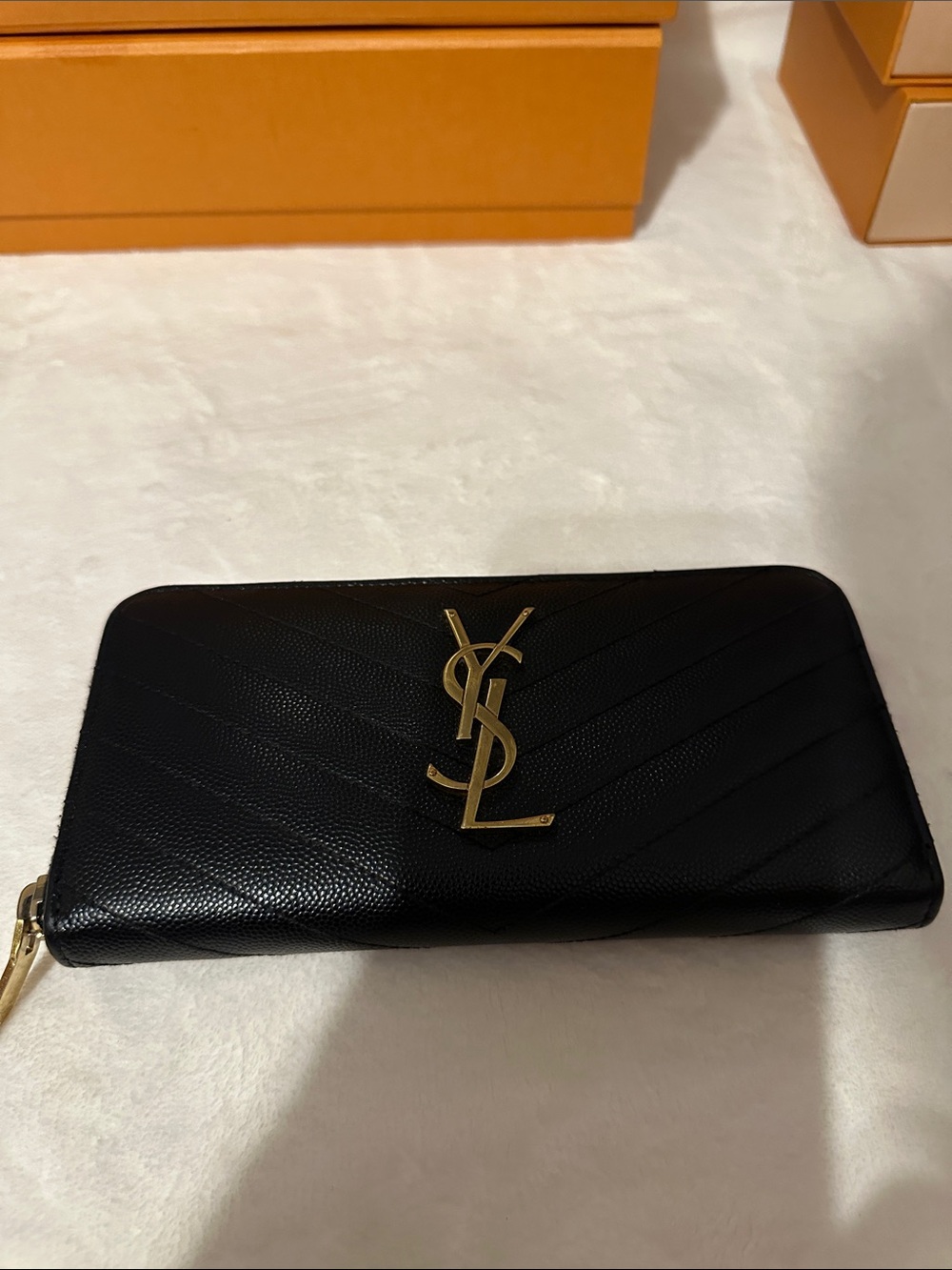 Saint Laurent Black Chevron Quilted Zip-Around Wallet with Gold YSL - Picture 13 of 13